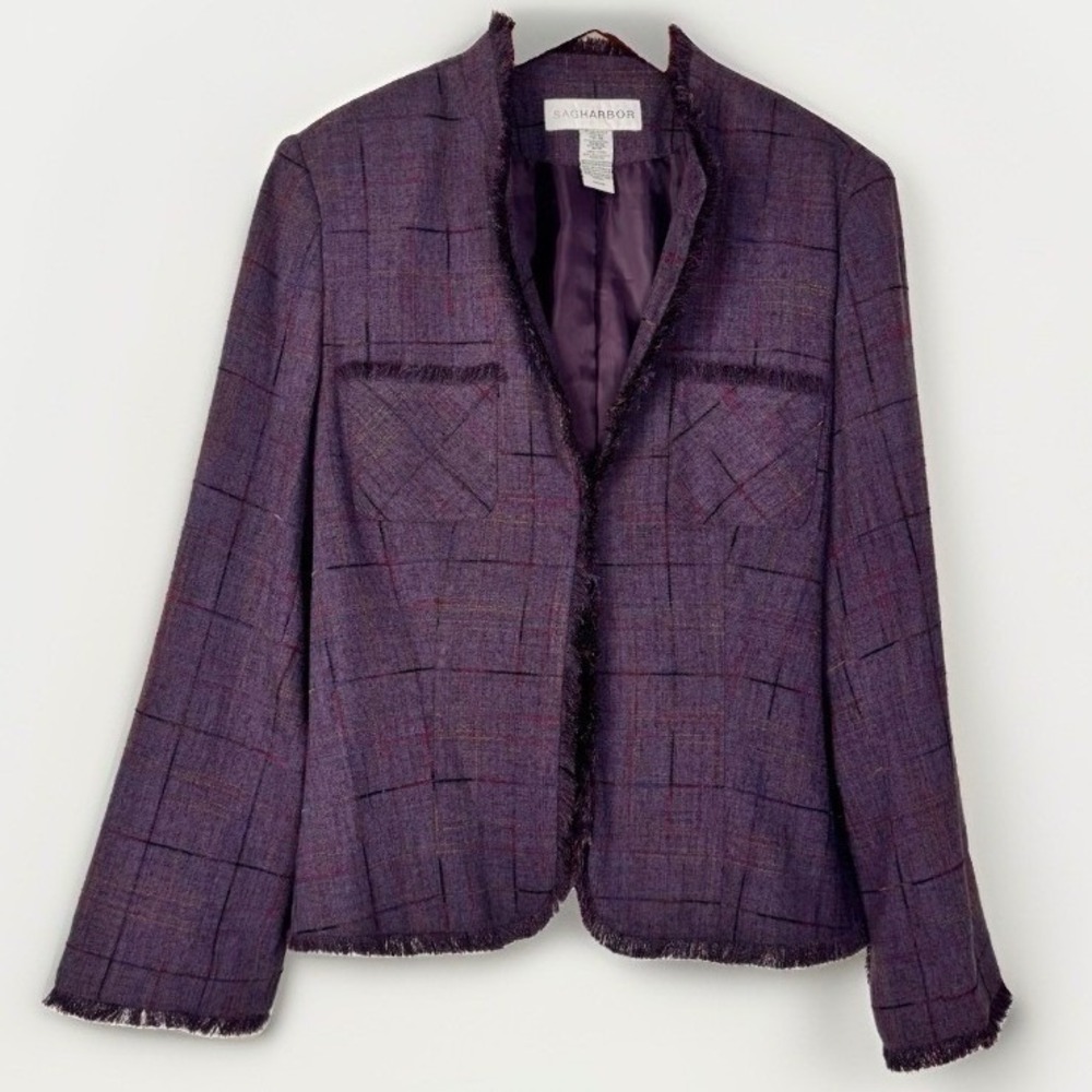 Y2K Sag Harbor Blazer Women 16 Purple Long Sleeve Plaid Fringe Professional